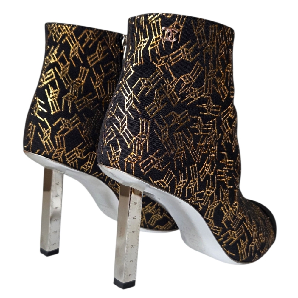 CHANEL CC Logo Cap Toe Ankle Boots With Metal Ruler Heels Gold Chair Print 37.5 - Picture 10 of 16